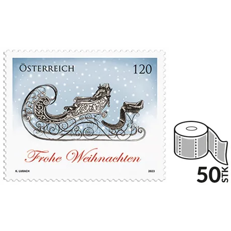 Briefmarke Österreich 2023, Nominale 1,20 Euro: Weihnachtsschlitten-Motiv mit 'Frohe Weihnachten', Rolle mit 50 Stück.