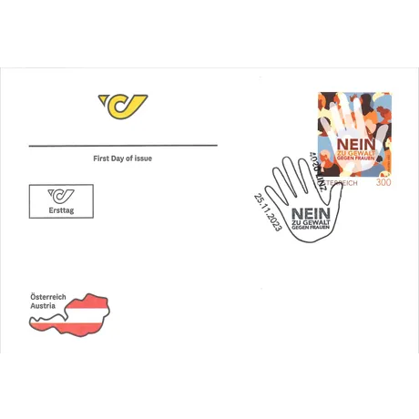 First day cover with Austrian Post stamp 2023, 3.00 Euro: 'No to violence against women', handprint design.