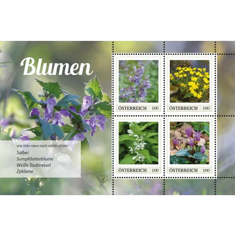Four stamps with flower motifs: sage, marsh marigold, white dead-nettle, cyclamen. Nominal value 4, Austria, year 2025