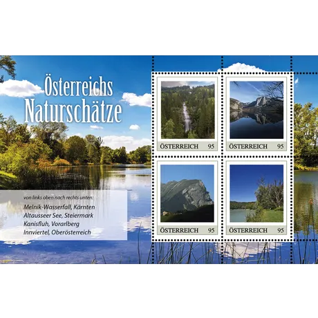 Briefmarkenblock Österreich 2023, Nominale 0,95 €: Melnik-Wasserfall, Altausseer See, Kanisfluh und Innviertel-Landschaften.