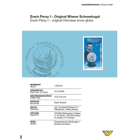 Sonderbriefmarke „Original Wiener Schneekugel“ mit Porträt von Erwin Perzy I und Schneekugel-Illustration. Teil der Serie „Österreichische Erfindungen“, Nennwert: 1,00 Euro, Ausgabetag: 16.10.2025.
