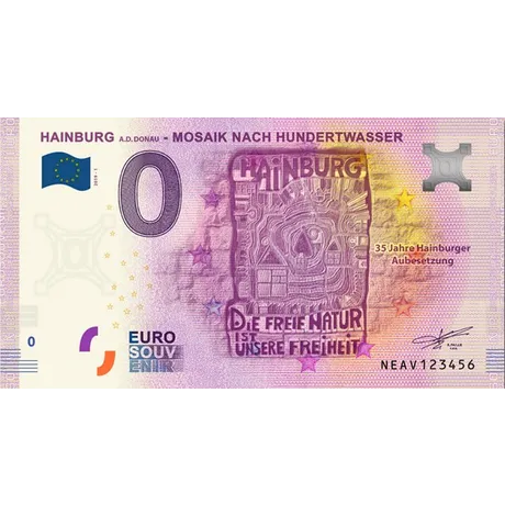 d31007f7bcef2ba409c89b7dddb2201641b7642a.jpg Souvenir-Banknote 'Hainburg - Mosaik nach Hundertwasser' mit Text 'Die freie Natur ist unsere Freiheit' und Euro Souvenir-Logo.