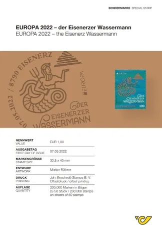 Austrian Post special stamp 2022: 'Eisenerz Wassermann', €1.00, issued on 07.05.2022, design by Marion Füllerer.