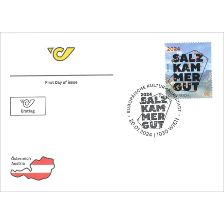 First day cover with Austrian Post stamp 'Salzkammergut 2024', nominal value 0.95€, and special cancellation.