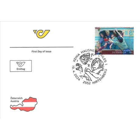 First Day Cover with Austrian Post stamp 2024, €1.90: 'Xenia Hausner - Exiles', postmark from Hirtenberg.