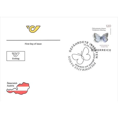 Weißdolch-Bläuling – Polyommatus damon Ersttagsbrief der Österreichischen Post mit Briefmarke Österreich 2023, Nominale 1,20€: Weißdolch-Bläuling, gefährdete Insekten.