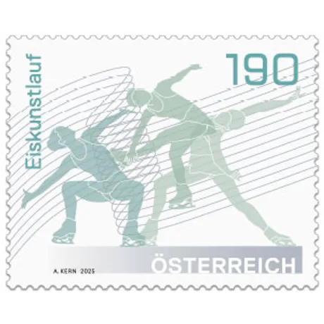 225040-Eiskunstlauf-ONLINESHOP Austrian stamp 2023, nominal value 1.90 euros: Figure skating motif with dynamic skater silhouettes.