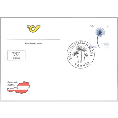 Austrian Post first day cover with 2024 stamp &#039;Dandelion - Mourning&#039;, 0.95 Euro, and Steierberg postmark.