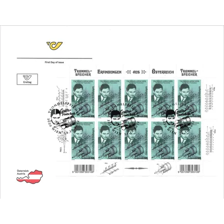 Austrian Post stamp sheet 2023, €1.00: Gustav Tauschek and drum memory invention, first day issue with postmark.