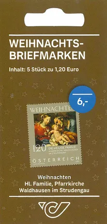 bab5a4430def2c3c0ccb79ae120151e83ea12934.png Weihnachtsbriefmarken-Set der Österreichischen Post, 5 Stück zu je 1,20 €, Motiv: Hl. Familie, Pfarrkirche Waldhausen.