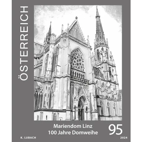 SD_100 Jahre Mariendom Linz_0424 Austrian stamp 2024, nominal value 0.95 euros: Mariendom Linz, 100 years of cathedral consecration, black-and-white design.
