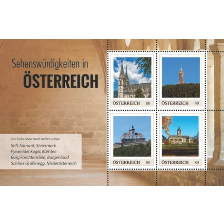 915cb23ea3daa05034973953c2f1749ebfb6bab1.jpg Briefmarken Österreich 2023, Nominale 0,80 €: Stift Admont, Pyramidenkogel, Burg Forchtenstein, Schloss Grafenegg.