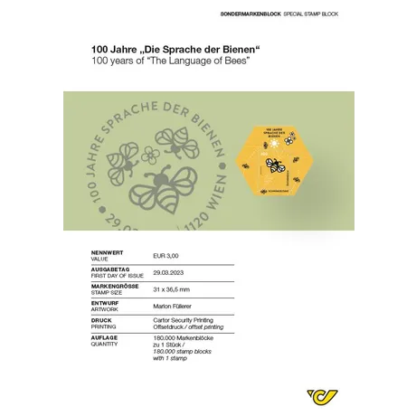 e23446de2d045b05a39bad62ac8bc205c9d4bbdd.jpg Austrian Post special stamp block '100 Years of The Language of Bees,' €3.00, issued on 29.03.2023.