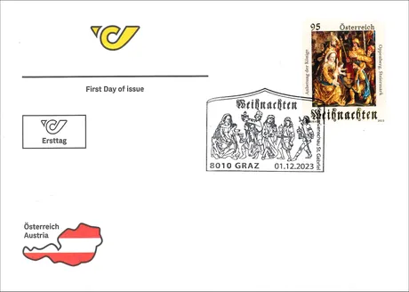 First day cover with Austrian Post stamp 'Austria 2023, 0.95 Euro: Christmas, Adoration of the Magi' and Graz postmark.