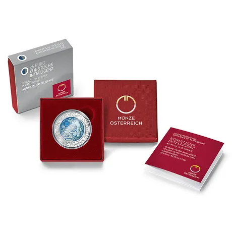 a306356637260a30580d0a6d7ee2d57b207a9fc0.jpg Sammlerstück der Österreichischen Post: 25-Euro-Silbermünze 'Künstliche Intelligenz' von Münze Österreich, in roter Box mit Zertifikat.