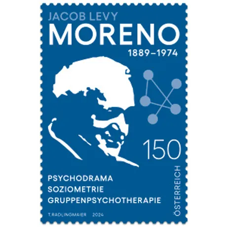 Briefmarke Österreich 2024, Nominale 1,50 Euro: Jacob Levy Moreno, blaues Design, Würdigung von Psychodrama und Gruppentherapie.