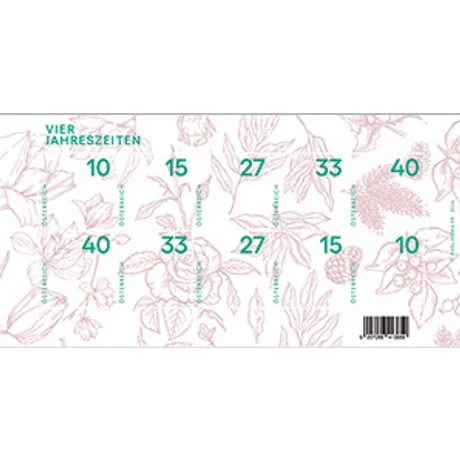 6c3f5ac33d293b89e92dd9582ffe3eeccca6595d.png Briefmarkenblock der Österreichischen Post 'Vier Jahreszeiten' 2023 mit floralen und saisonalen Motiven, verschiedene Nominale.