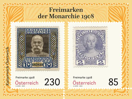 4ec417287b909dc2a8d207062700e3b62a8b5e69.png Briefmarken Österreich 2022: Freimarken der Monarchie 1908, Nominale 230 Euro und 85 Euro, Franz Joseph I und Maria Theresia.
