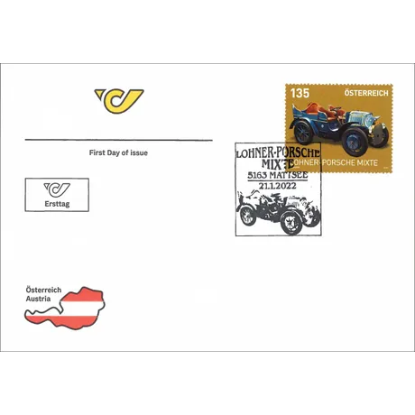2a8c9f332b2f270adf744fa57157164d0f91319e.jpg First day cover with Austrian Post stamp 2022, 1.35 Euro: Lohner-Porsche Mixte, and matching postmark from Mattsee.