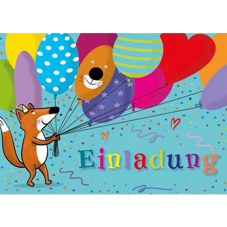 Colorful invitation card with a fox holding balloons and the word 'Einladung' in playful letters.