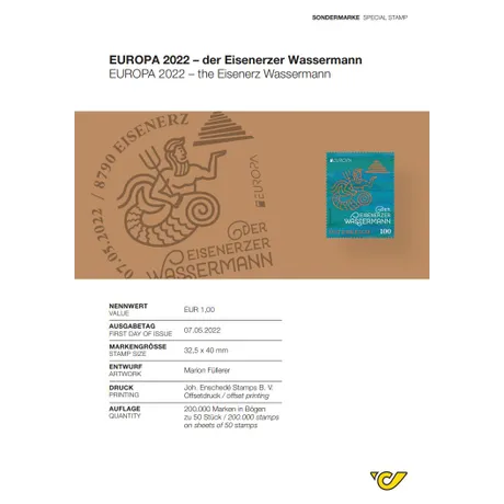 Sondermarke Österreich 2022: 'Eisenerzer Wassermann', Nominale 1,00 €, Ausgabe am 07.05.2022, Entwurf von Marion Füllerer.