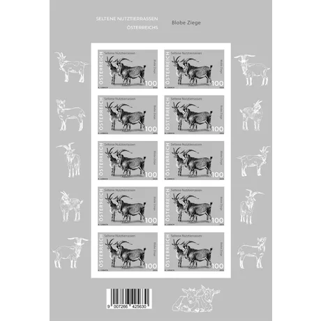 Briefmarkenbogen Österreich 2023, Nominale 1,00 €: Seltene Nutztierrassen, Blobe Ziege in Graustufen.