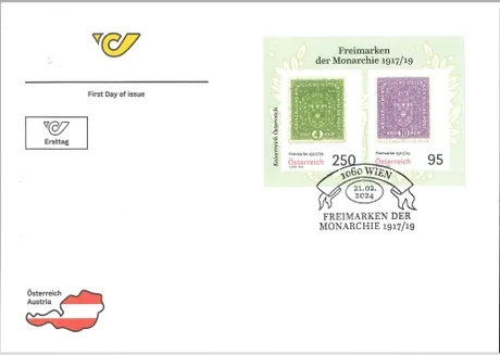 First Day Cover by Austrian Post with two stamps 'Freimarken der Monarchie 1917/19', nominal values 2.50€ and 0.95€.