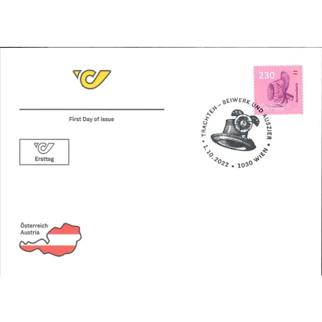 a8c03cc20311048ce004c07d3bd9bda9968df85e.jpg Ersttagsbrief mit Post-Logo, Briefmarke Österreich 2022 'Neunkirchen Trachten' (2,30 €) und Sonderstempel aus Wien.