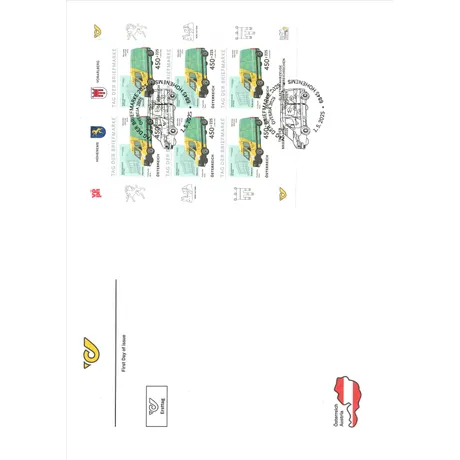 First Day Cover with Austrian Post stamps 2025, €4.50: vintage postal vehicle, 'Day of the Stamp' theme.