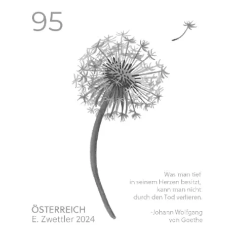 ddc3c6f5aa07109872fc48362b8da785d088a3b5.png Briefmarke Österreich 2024, Nominale 0,95 Euro: Löwenzahn-Motiv mit Goethe-Zitat über Herz und Verlust.