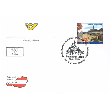 Austrian Post first day cover with 2022 stamp, €1.35, showing Augustiner Bräu Kloster Mülln, Salzburg.