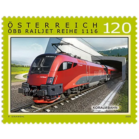 Stamp with ÖBB railjet in the Koralm Tunnel. Nominal 1.20, Austria, year 2025.