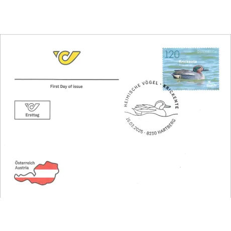 First day cover with Austrian Post stamp 'Austria 2025, Nominal 1.20 Euro: Teal' and special postmark.