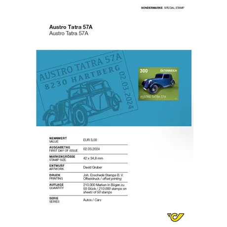 ABH_Austro_Tatra Briefmarke Österreich 2024, Nominale 3,00 €: Austro Tatra 57A Oldtimer, blauer Hintergrund, Serie 'Autos'.