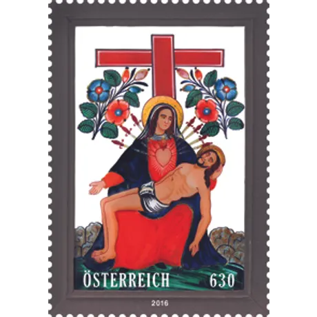 c72f74f8765c3f99bdd19e7b7e51228f91e63ac8.jpg Briefmarke Österreich 2016, Nominale 6,30 Euro: Religiöses Motiv mit Maria und Jesus, rotes Kreuz und Blumenmuster.