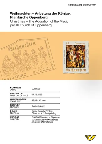 be0018952b622bb3439c2407e9162da55cb56e6e.png Briefmarke Österreich 2023, Nominale 0,95 €: Weihnachten - Anbetung der Könige, Pfarrkirche Oppenberg, Entwurf von Kirsten Lubach.