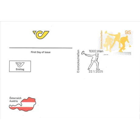 Ersttagsbrief mit Briefmarke Österreich 2025, Nominale 0,95 Euro: Eisstockschießen, und Sonderstempel.