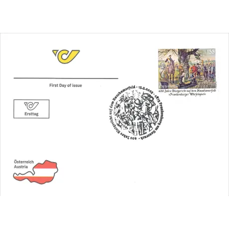 First day cover with Austrian Post stamp '2023, €1.55: 400 Years Blood Court at Haushamerfeld' and special postmark.