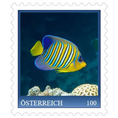 2a6964258f07e632cf7ab8d60f1d4a9b9f7cb04d.jpg Briefmarke Österreich 100 Euro: Bunter Kaiserfisch in einem Korallenriff, blauer Hintergrund.