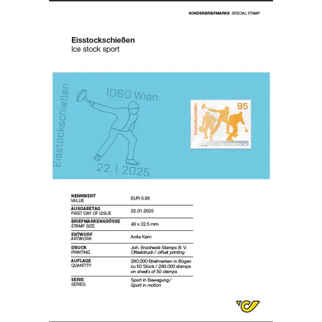 Eisstockschießen Austrian Post special stamp 2025, €0.95: Ice stock sport, featuring players in action, issued on 22.01.2025.