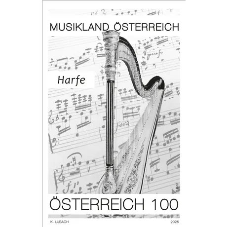 Schwarzdruck mit Harfe vor Notenhintergrund aus Musikland Österreich. Nominale 100, Österreich, Jahr 2025.