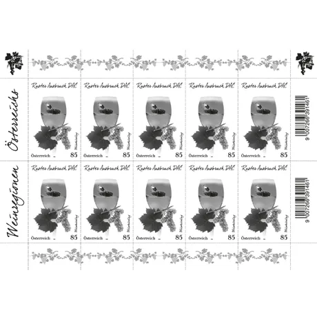 Austrian Post stamp sheet 2023, 0.85 Euro: Ruster Ausbruch DAC wine theme with grapes and glass design.
