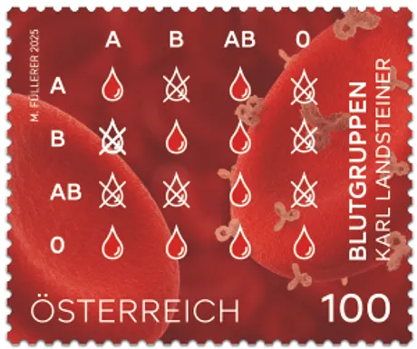 125 Jahre Entdeckung der Blutgruppen Briefmarke Österreich 2015, Nominale 1,00 Euro: Blutgruppen und Karl Landsteiner, roter Hintergrund mit Blutzellen.