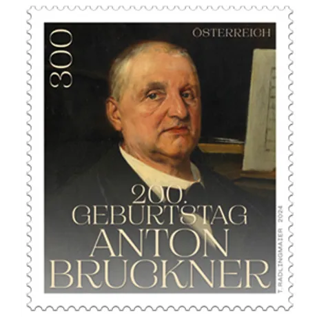 Austrian stamp 2024, nominal value 3.00 euros: 200th birthday of Anton Bruckner, portrait with musical background.
