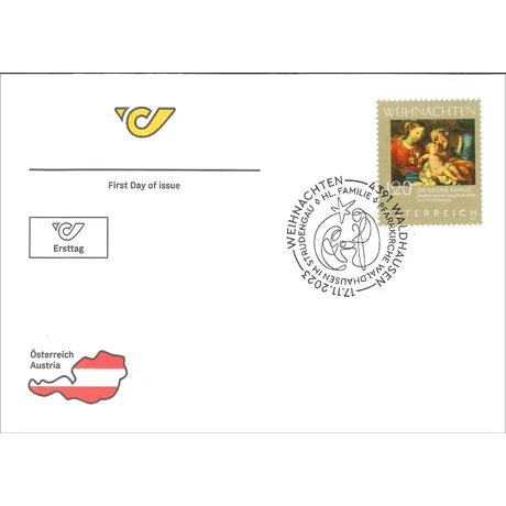 First day cover with Austrian Post logo, 2023 Christmas stamp 'Holy Family,' and special cancellation mark.