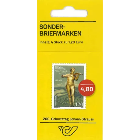SM4_Johann Strauss_0125 Austrian Post special stamp set: 4 stamps at €1.20 each, honoring Johann Strauss' 200th birthday, 2025.