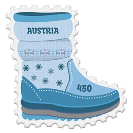 224370-Schneestiefel-ONLINESHOP Briefmarke Österreich 2023, Nominale 4,50 Euro: Blauer Winterstiefel mit Schneeflocken- und Rentiermotiv.