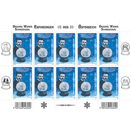 Sheet of ten postage stamps themed “Original Viennese Snow Globes”. Each stamp features a man with a mustache in formal attire holding a snow globe. Blue background with white snowflakes. Top text reads “Inventions from Austria”.