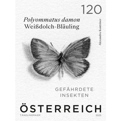 Briefmarke Österreich 2025, Nominale 1,20 Euro: Gefährdetes Insekt, Polyommatus damon (Weißdolch-Bläuling).