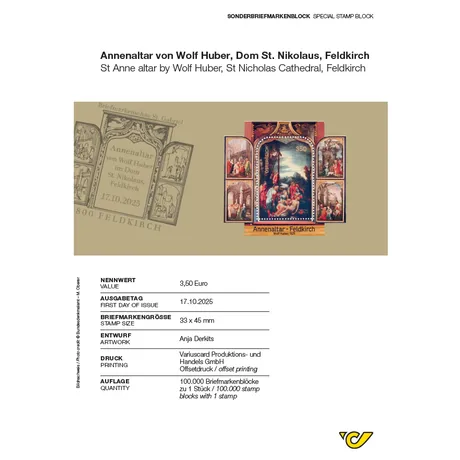 Special stamp block “St Anne Altar by Wolf Huber, St Nicholas Cathedral, Feldkirch”. The stamp features a colorful Renaissance altar scene with religious motifs. Denomination: €3.50, issue date: October 17, 2025. Special stamp block “St Anne Altar by Wolf Huber, St Nicholas Cathedral, Feldkirch”. The stamp features a colorful Renaissance altar scene with religious motifs. Denomination: €3.50, issue date: October 17, 2025.